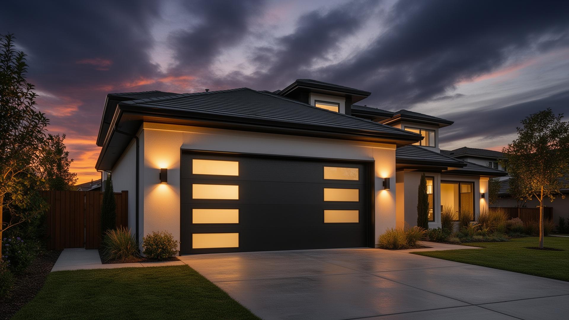 Modern garage door at twilight - Garage Door Scotts Mills